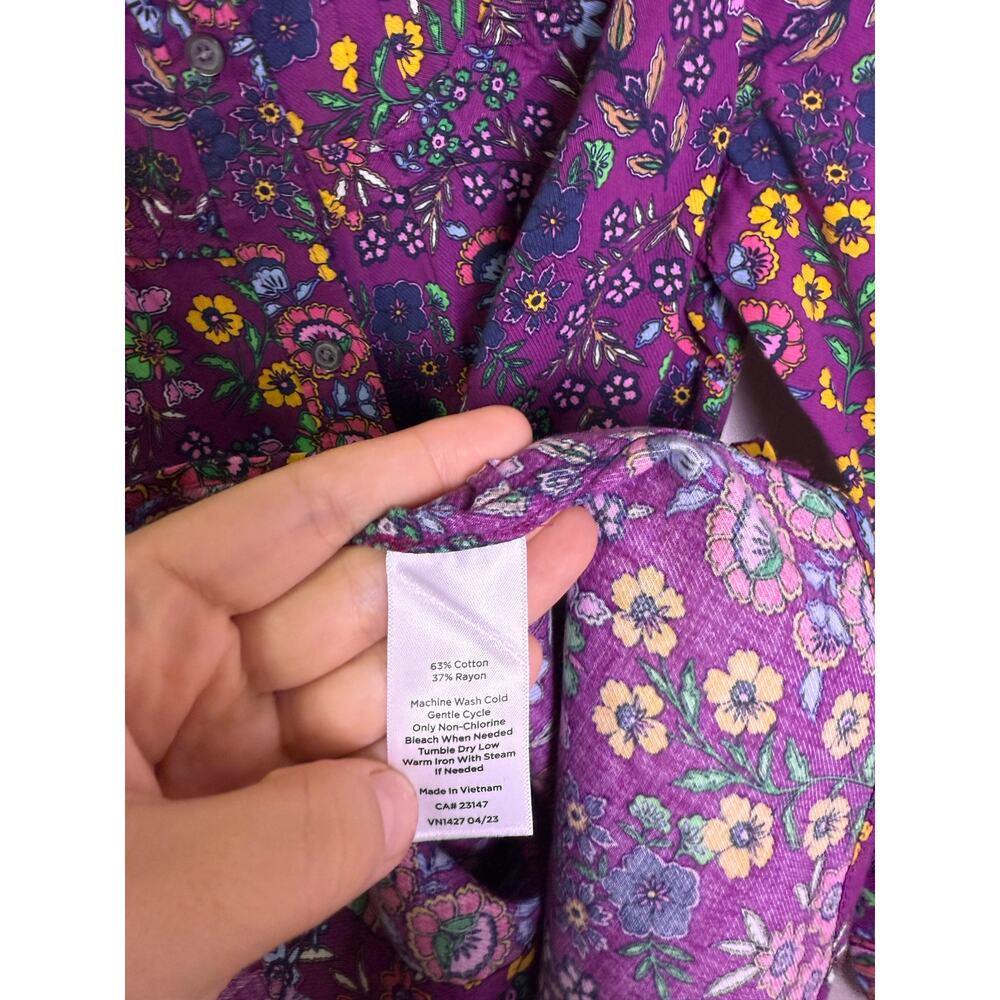 Talbots Floral Ruffle Blouse Purple Long Sleeve Button Front Top Women’s M - Picture 5 of 6